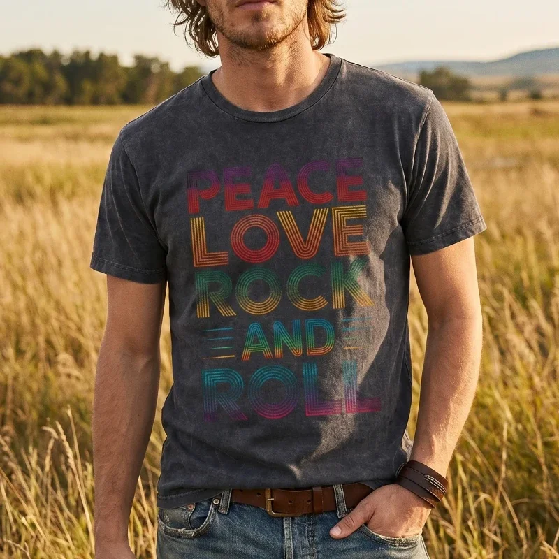 Peace Love Rock and Roll Black Vintage Wash T-Shirt