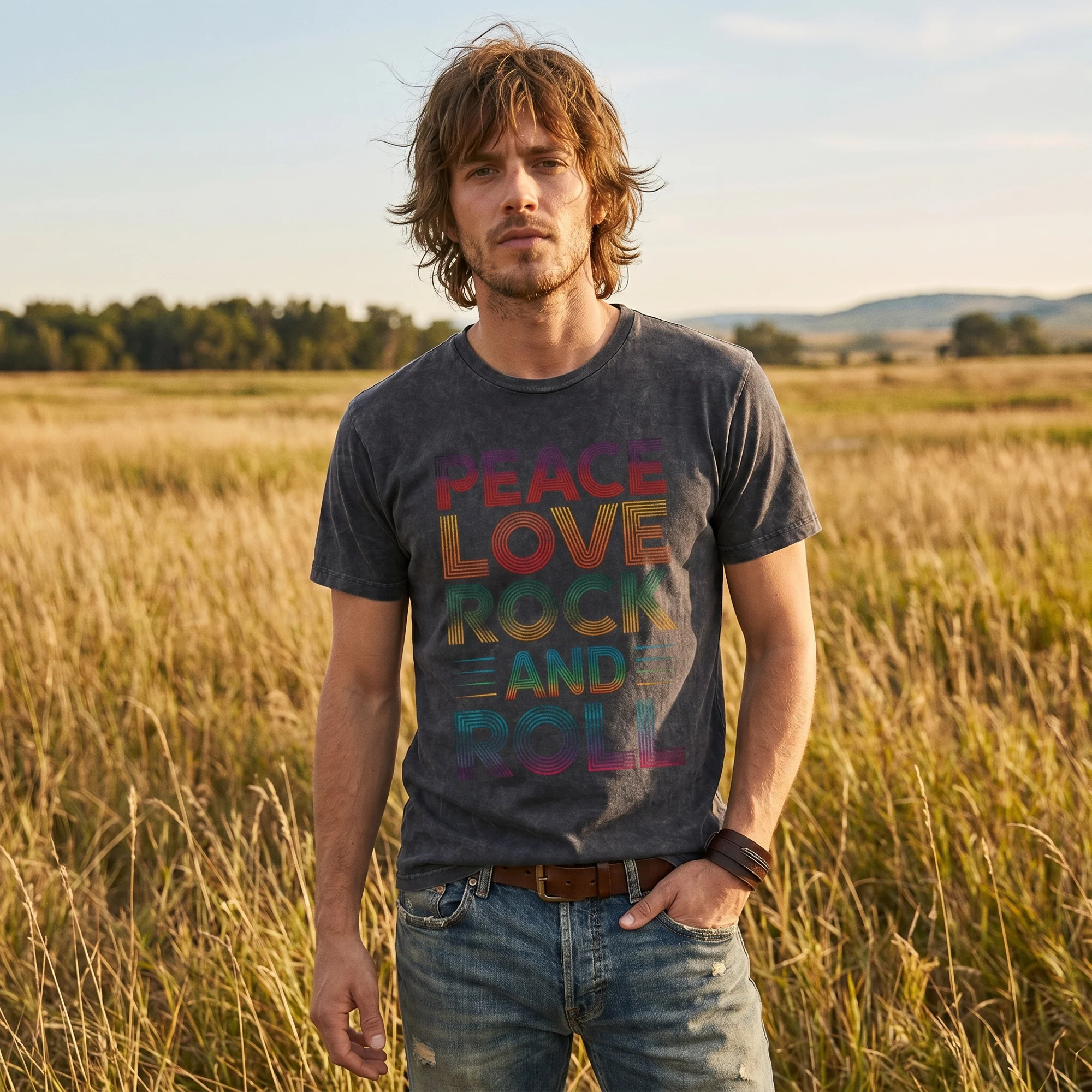 Man wearing a black vintage wash t-shirt with Peace Love Rock and Roll rainbow graphic, front view, standing in a tall grass field with mountains in the background