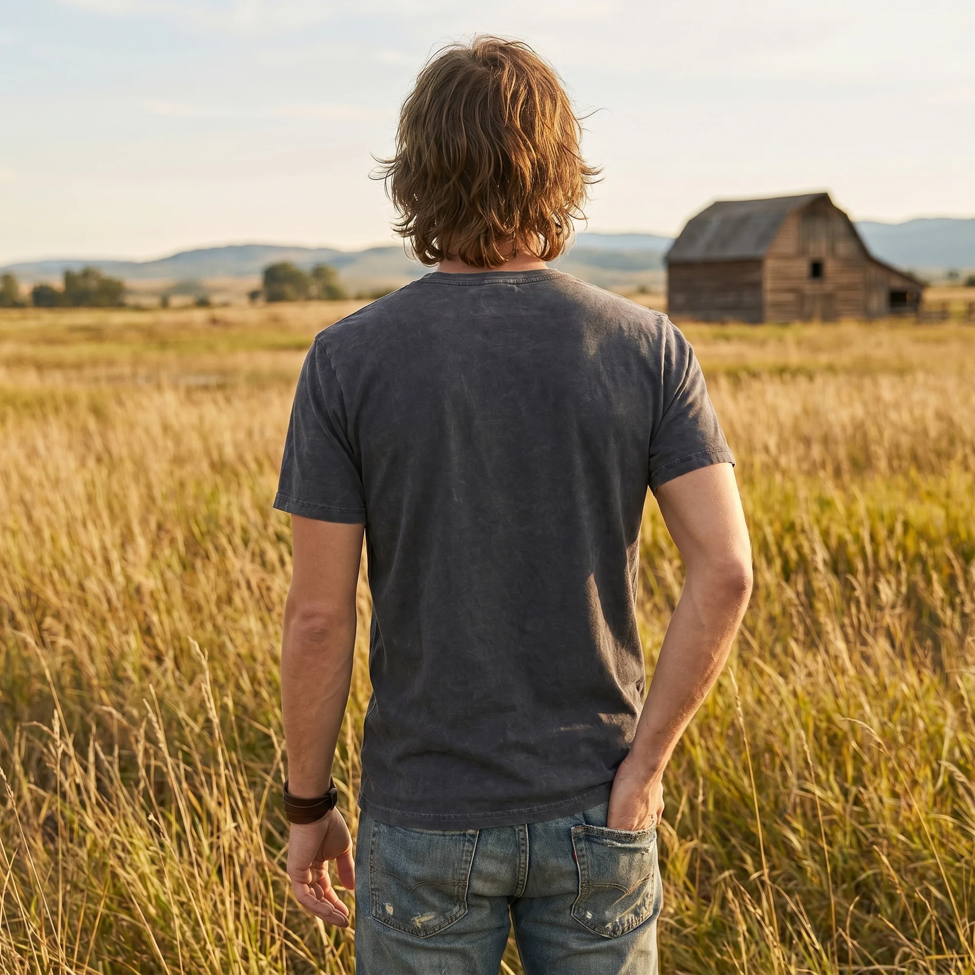 Back view of a man wearing a black vintage wash t-shirt in a golden field with a barn and mountains in the background
