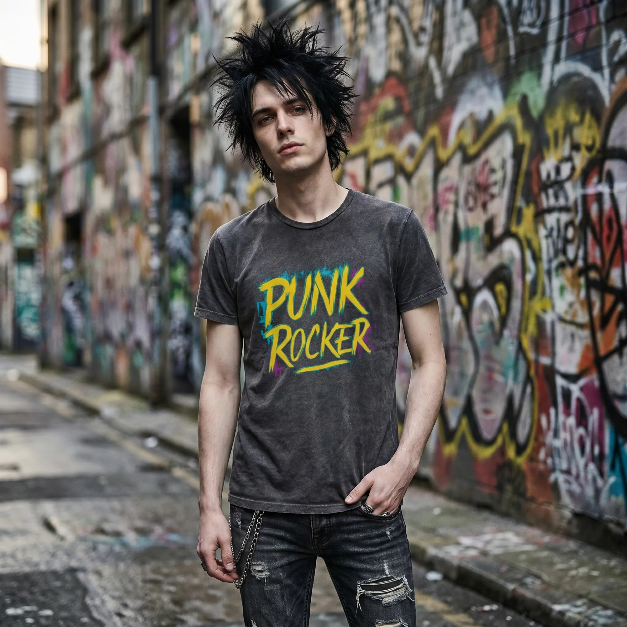 Man with messy black punk hair wearing a black vintage wash Punk Rocker t-shirt, front view, standing in a graffiti-covered alley