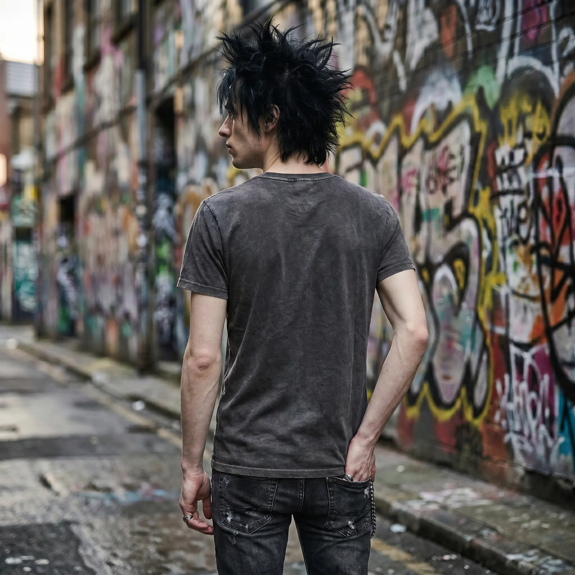 Back view of a man with messy black punk hair wearing a black vintage wash t-shirt in a graffiti-covered alley