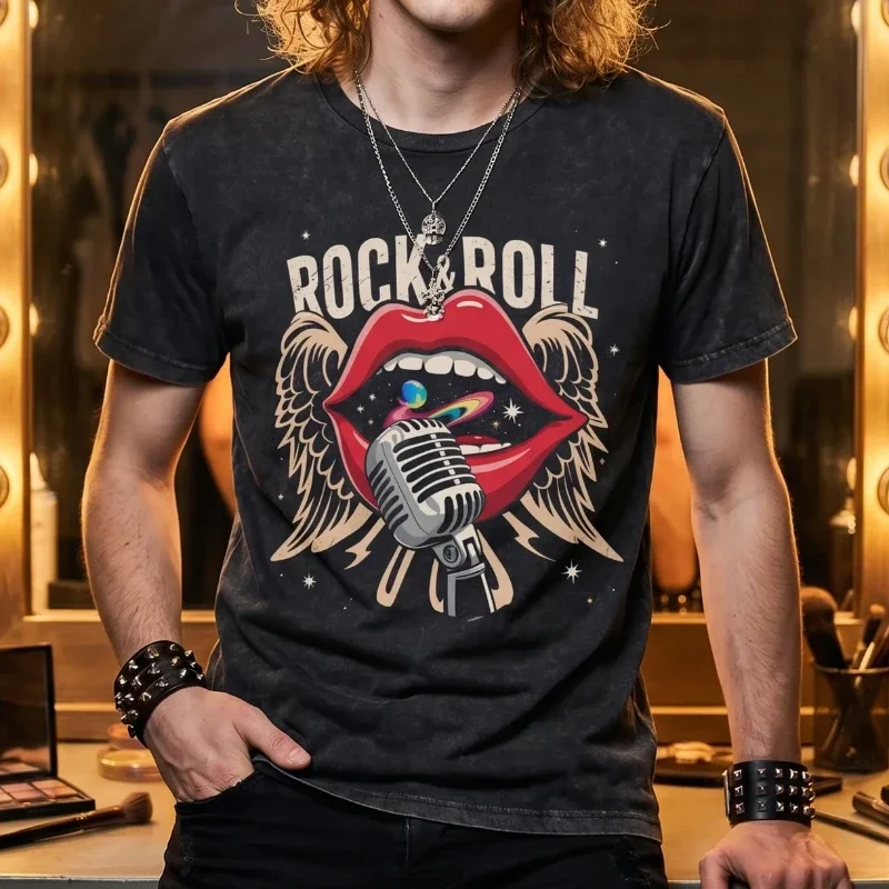 Glam Rock and Roll Lips Black Vintage Wash T-Shirt
