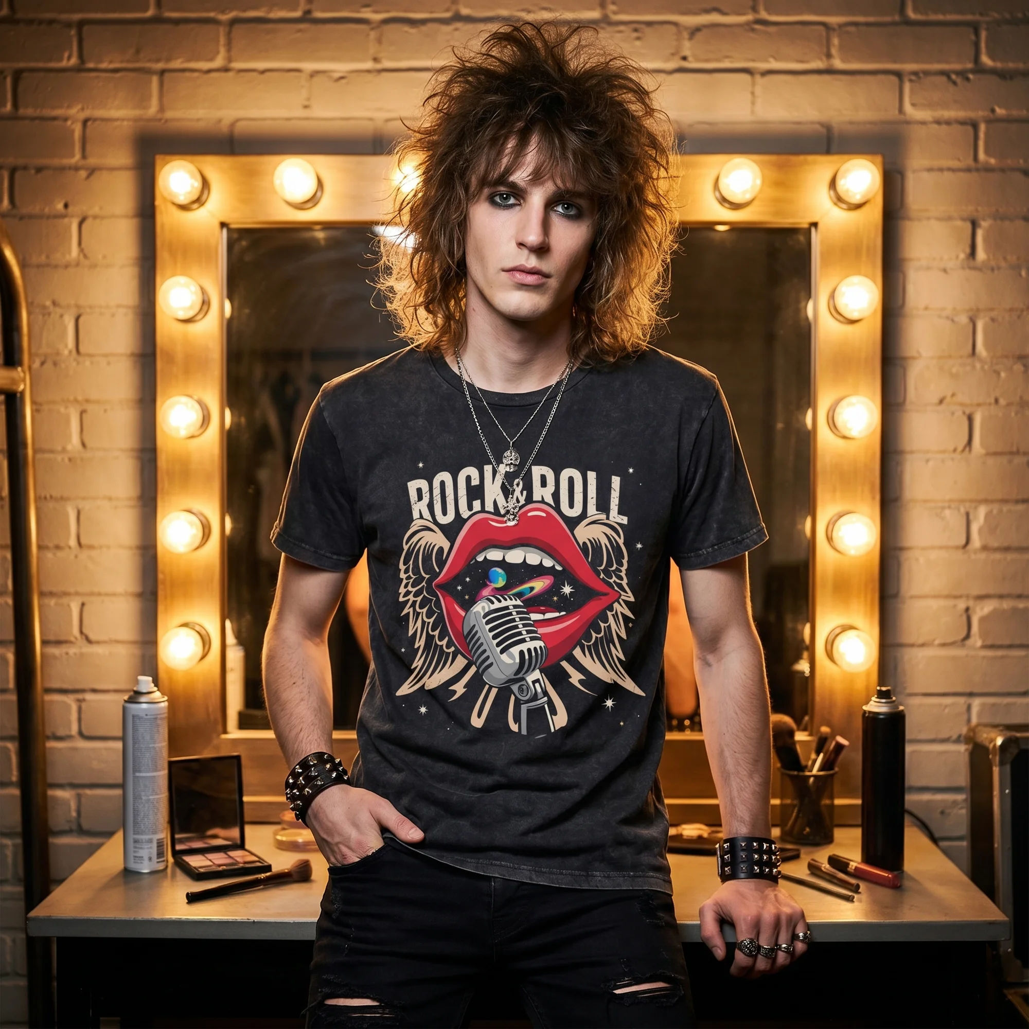Man with big curly rocker hair wearing a black vintage wash Glam Rock Lips t-shirt, hands at sides, in a dressing room with vanity mirror lights