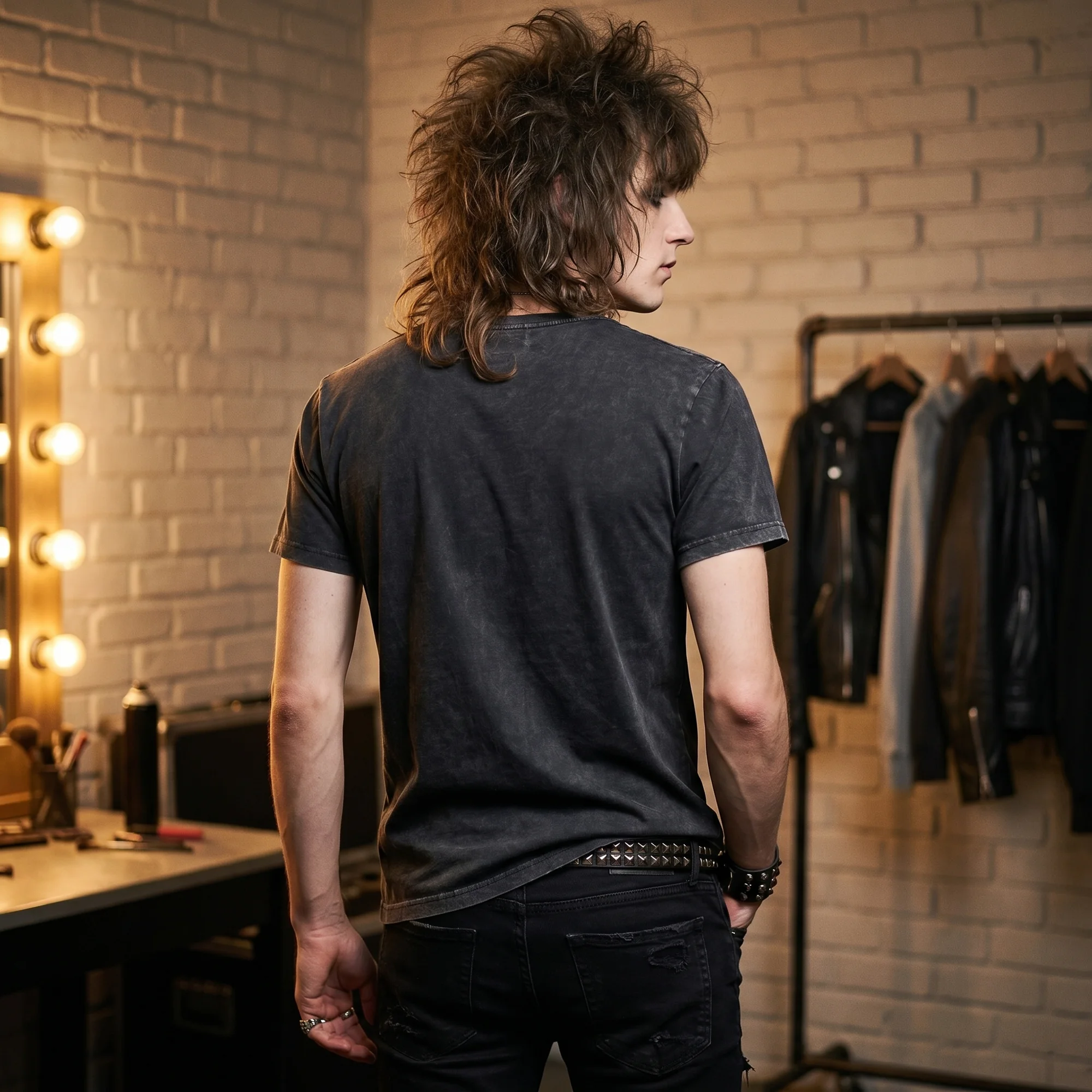 Back view of a man with long curly rocker hair wearing a black vintage wash t-shirt, in a dressing room with leather jackets on a clothing rack