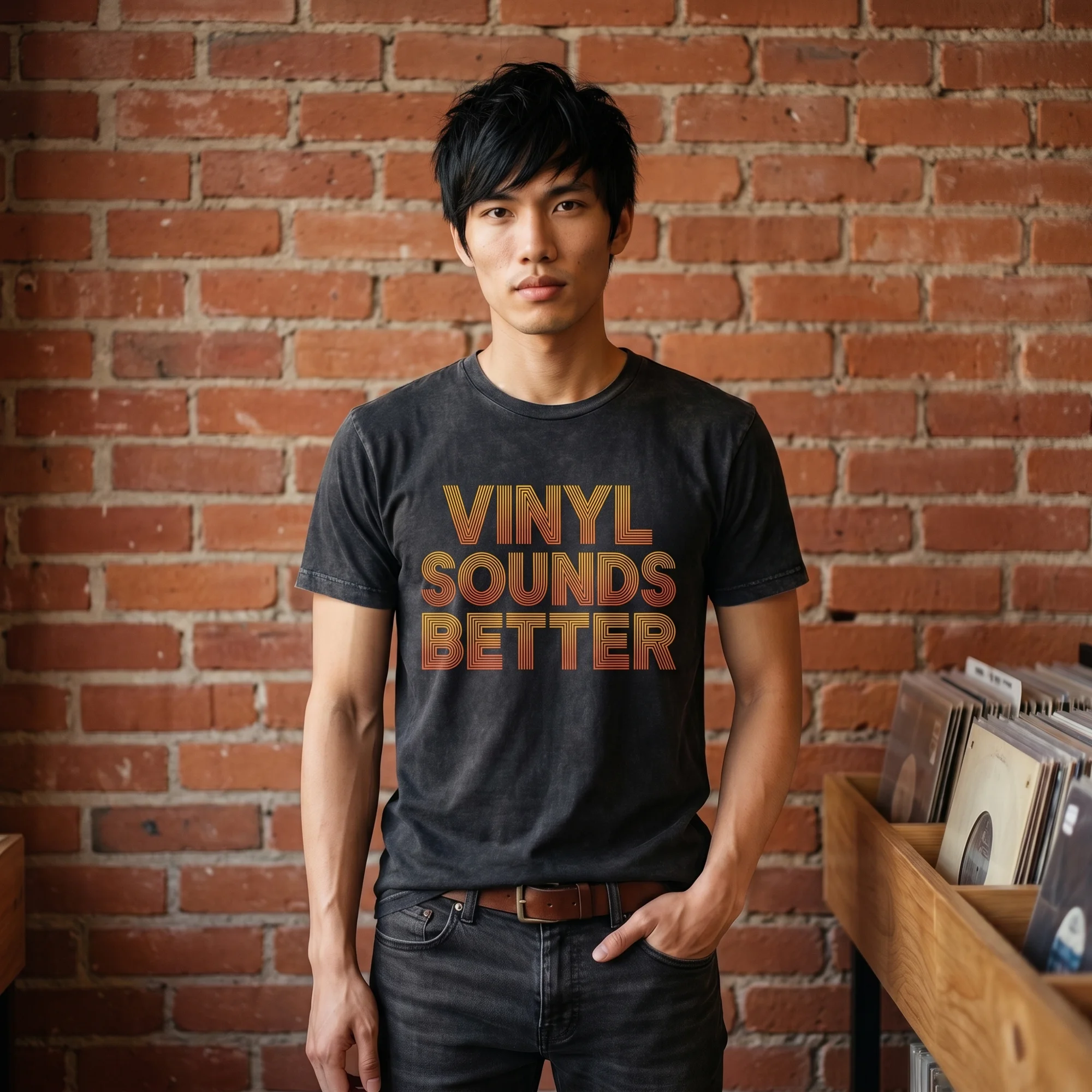 Man with dark hair wearing a black vintage wash Vinyl Sounds Better t-shirt, front view, standing against a red brick wall next to a record store crate
