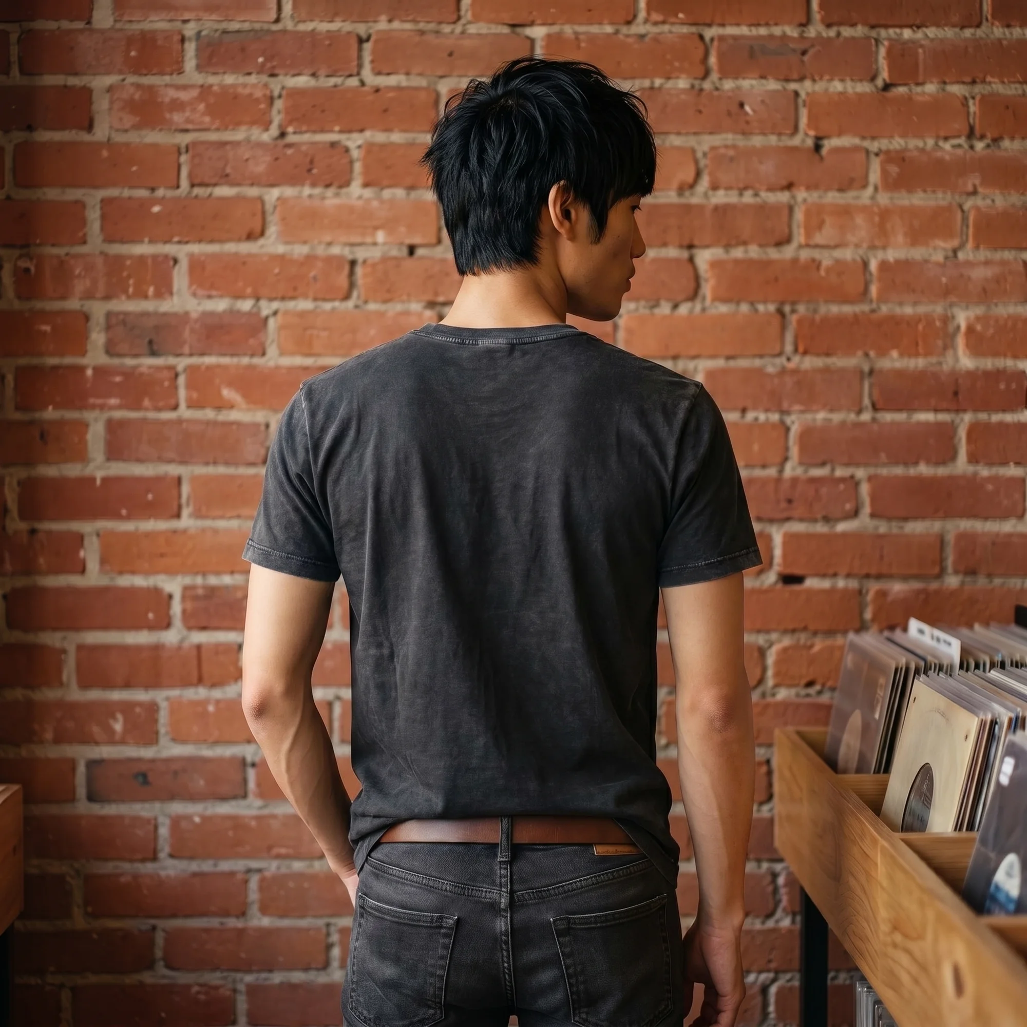 Back view of a man with dark hair wearing a black vintage wash t-shirt, standing in a record store with vinyl crates and a red brick wall