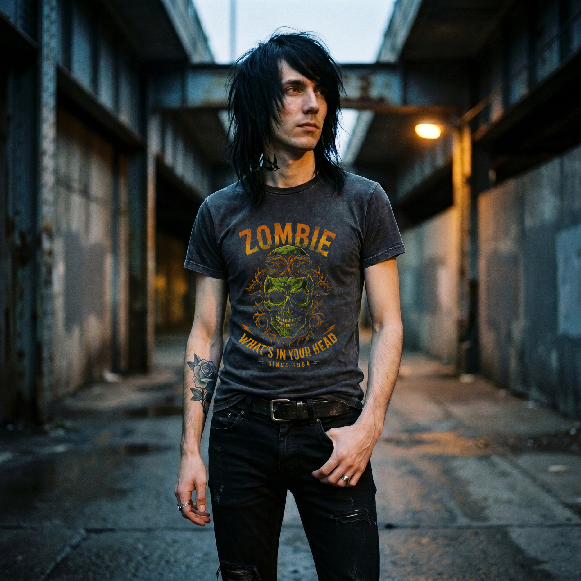 Man wearing a black vintage wash t-shirt with a green zombie skull and orange filigree graphic, front view, in a moody industrial setting