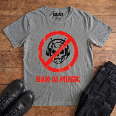 Washed grey Rokulus Ban AI Music vintage graphic tee laid flat on wood with black boots and jeans, front print showing a stencil robot skull in headphones inside a red prohibition circle above "Ban AI Music" in red stencil type