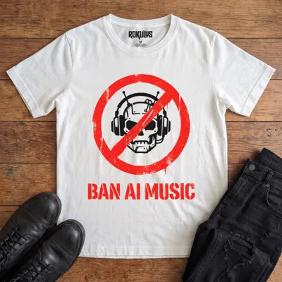 White Rokulus Ban AI Music vintage graphic tee laid flat on wood with black boots and jeans, front print showing a stencil robot skull in headphones inside a red prohibition circle above "Ban AI Music" in red stencil type