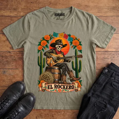 Washed olive Rokulus El Rockero vintage graphic tee laid flat on wood with black boots and jeans, front print showing a Day of the Dead skeleton charro in a cowboy hat playing guitar on a barrel with marigolds, cactus, and papel picado above an “El Rockero” banner