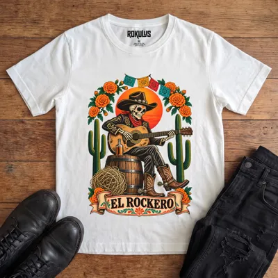 White Rokulus El Rockero vintage graphic tee laid flat on wood with black boots and jeans, front print showing a Day of the Dead skeleton charro in a cowboy hat playing guitar on a barrel with marigolds, cactus, and papel picado above an “El Rockero” banner