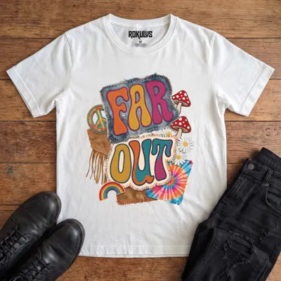 White Rokulus Far Out vintage graphic tee laid flat on wood with black boots and jeans, front print showing a groovy 70s patch collage with mushrooms, daisies, a peace sign, rainbow, and tie-dye around puffy “Far Out” lettering