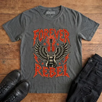Washed charcoal Rokulus Forever Rebel vintage graphic tee laid flat on wood with black boots and jeans, front print showing a winged electric guitar in flames with lightning bolts and stars under jagged “Forever Rebel” metal lettering