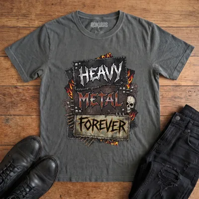 Washed charcoal Rokulus Heavy Metal Forever vintage graphic tee laid flat on wood with black boots and jeans, front print showing a battle-vest design with studs, flames, bullets, a skull, and chrome "Heavy Metal Forever" lettering across stitched patches