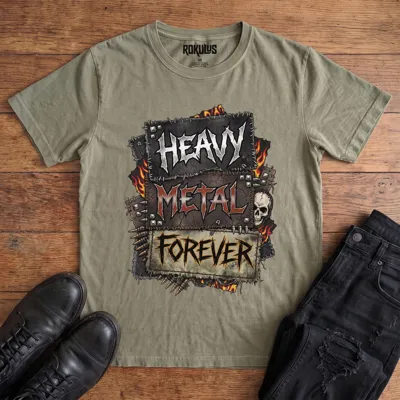 Washed olive Rokulus Heavy Metal Forever vintage graphic tee laid flat on wood with black boots and jeans, front print showing a battle-vest design with studs, flames, bullets, a skull, and chrome "Heavy Metal Forever" lettering across stitched patches