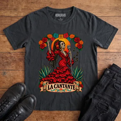 Washed black Rokulus La Cantante vintage graphic tee laid flat on wood with black boots and jeans, front print showing a Day of the Dead skeleton woman in a red flamenco dress singing into a microphone with roses, marigolds, and papel picado above a “La Cantante” banner