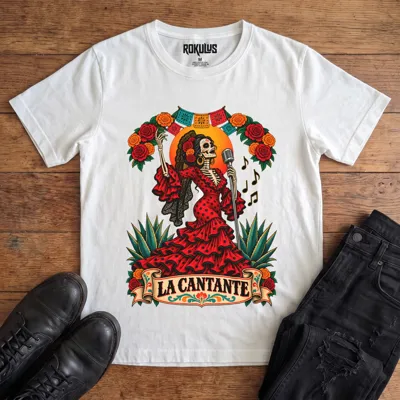 White Rokulus La Cantante vintage graphic tee laid flat on wood with black boots and jeans, front print showing a Day of the Dead skeleton woman in a red flamenco dress singing into a microphone with roses, marigolds, and papel picado above a “La Cantante” banner
