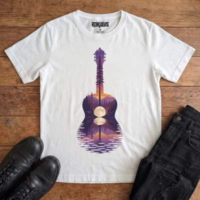 White Rokulus Guitar Lake vintage graphic tee laid flat on wood with black boots and jeans, front print showing an acoustic guitar formed from a pine forest, mountains, and a full moon reflecting on a lake at sunset in purple and orange