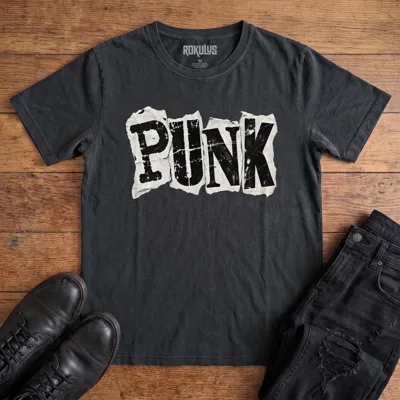 Washed black Rokulus Punk vintage graphic tee laid flat on wood with black boots and jeans, front print showing the word “Punk” in bold cut-and-paste ransom-note letters on torn distressed paper
