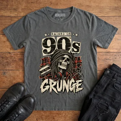Washed charcoal Rokulus Raised On 90s Grunge vintage graphic tee laid flat on wood with black boots and jeans, front print showing a long-haired skull in a beanie and headphones on red plaid flannel with a cassette tape under “Raised On 90s Grunge” lettering