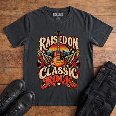 Washed black Rokulus Raised On Classic Rock vintage graphic tee laid flat on wood with black boots and jeans, front print showing a winged sunburst guitar over a retro sunset and mountains with vinyl records and stars under “Raised On Classic Rock” lettering