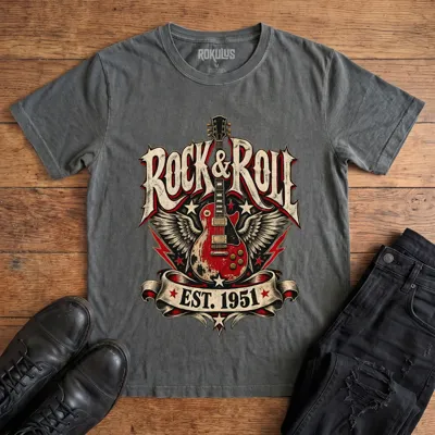 Washed charcoal Rokulus Rock & Roll Est 1951 vintage graphic tee laid flat on wood with black boots and jeans, front print showing a winged red electric guitar with stars and lightning bolts under ornate “Rock & Roll” lettering and an “Est. 1951” banner