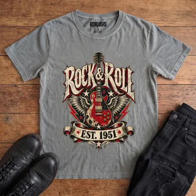 Washed grey Rokulus Rock & Roll Est 1951 vintage graphic tee laid flat on wood with black boots and jeans, front print showing a winged red electric guitar with stars and lightning bolts under ornate “Rock & Roll” lettering and an “Est. 1951” banner