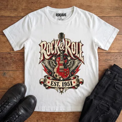 White Rokulus Rock & Roll Est 1951 vintage graphic tee laid flat on wood with black boots and jeans, front print showing a winged red electric guitar with stars and lightning bolts under ornate “Rock & Roll” lettering and an “Est. 1951” banner