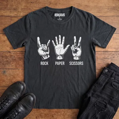 Washed black Rokulus Rock Paper Scissors vintage graphic tee laid flat on wood with black boots and jeans, front print showing three hands in vintage engraving, devil horns for rock, flat palm for paper, peace sign for scissors