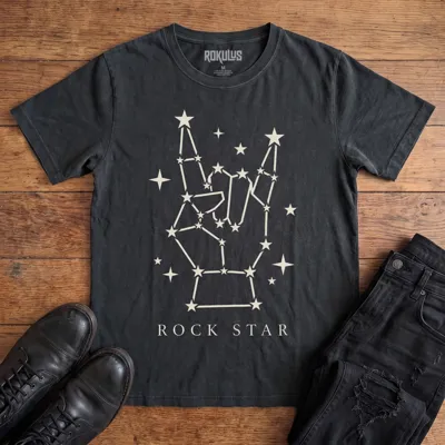 Washed black Rokulus Rock Star Constellation vintage graphic tee laid flat on wood with black boots and jeans, front print showing a rock horns hand formed from a star constellation above “Rock Star” lettering in cream
