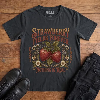 Washed black Rokulus Strawberry Fields Botanical vintage graphic tee laid flat on wood with black boots and jeans, front print showing two ripe strawberries in Victorian scrollwork and wildflowers with "Strawberry Fields Forever Nothing Is Real" lettering