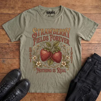 Washed olive Rokulus Strawberry Fields Botanical vintage graphic tee laid flat on wood with black boots and jeans, front print showing two ripe strawberries in Victorian scrollwork and wildflowers with "Strawberry Fields Forever Nothing Is Real" lettering