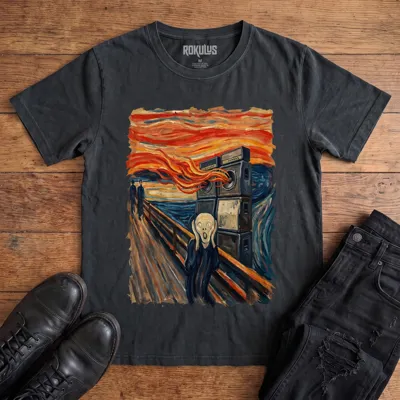 Washed black Rokulus Scream Sound System vintage graphic tee laid flat on wood with black boots and jeans, front print showing a Scream-style painting with the screaming figure covering his ears beside a wall of speaker cabinets blasting into an orange sky