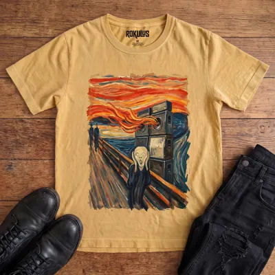 Washed mustard Rokulus Scream Sound System vintage graphic tee laid flat on wood with black boots and jeans, front print showing a Scream-style painting with the screaming figure covering his ears beside a wall of speaker cabinets blasting into an orange sky