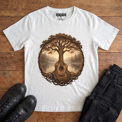 White Rokulus Guitar Tree Of Life vintage graphic tee laid flat on wood with black boots and jeans, front print showing an acoustic guitar growing as a tree of life with spreading branches and roots framing a misty lake and sunset in warm sepia