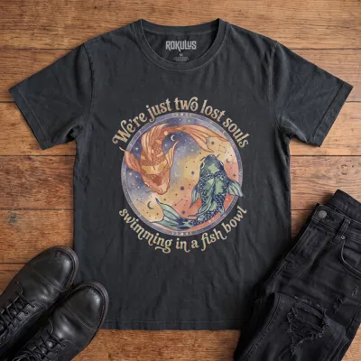 Washed black Rokulus Two Lost Souls vintage graphic tee laid flat on wood with black boots and jeans, front print showing two watercolor koi in a celestial ring of moon phases and constellations with "We're just two lost souls swimming in a fish bowl" in retro script