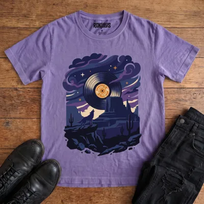 Washed purple Rokulus Vinyl Coyote vintage graphic tee laid flat on wood with black boots and jeans, front print showing a coyote howling at a vinyl-record moon over desert mesas and cactus under a starlit purple sky