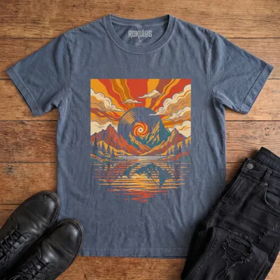 Washed navy Rokulus Vinyl Sunset vintage graphic tee laid flat on wood with black boots and jeans, front print showing a retro 70s landscape with a vinyl record sun over mountains, pines, and a reflecting lake in warm sunset tones