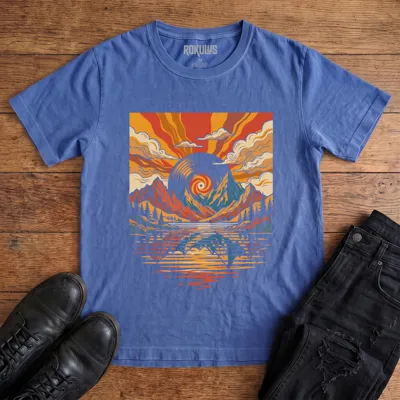 Washed royal blue Rokulus Vinyl Sunset vintage graphic tee laid flat on wood with black boots and jeans, front print showing a retro 70s landscape with a vinyl record sun over mountains, pines, and a reflecting lake in warm sunset tones