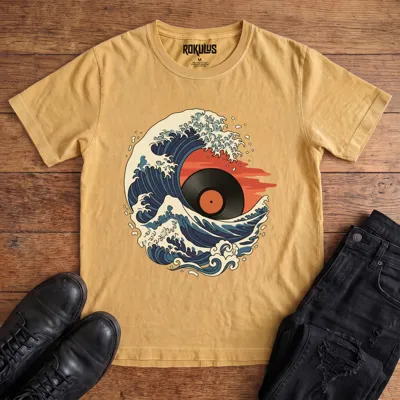 Washed mustard Rokulus Great Wave Vinyl vintage graphic tee laid flat on wood with black boots and jeans, front print showing a Hokusai-style wave curling around a vinyl record sun in indigo, cream, and burnt orange