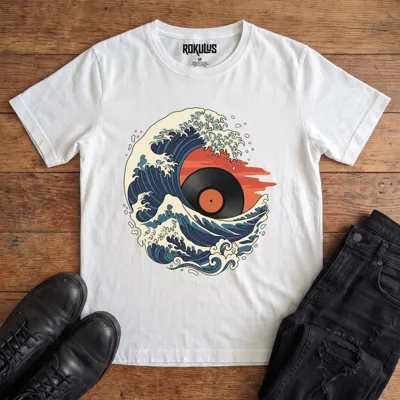 White Rokulus Great Wave Vinyl vintage graphic tee laid flat on wood with black boots and jeans, front print showing a Hokusai-style wave curling around a vinyl record sun in indigo, cream, and burnt orange