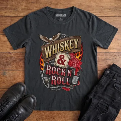 Washed black Rokulus Whiskey & Rock N Roll vintage graphic tee laid flat on wood with black boots and jeans, front print showing an embroidered biker-patch collage with a bald eagle, flames, red bandana, studs, and a shot glass around stitched “Whiskey & Rock N Roll” lettering