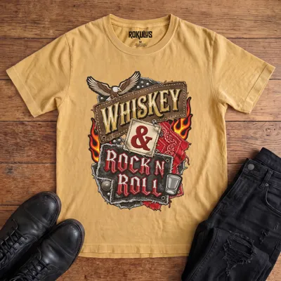Washed mustard Rokulus Whiskey & Rock N Roll vintage graphic tee laid flat on wood with black boots and jeans, front print showing an embroidered biker-patch collage with a bald eagle, flames, red bandana, studs, and a shot glass around stitched “Whiskey & Rock N Roll” lettering