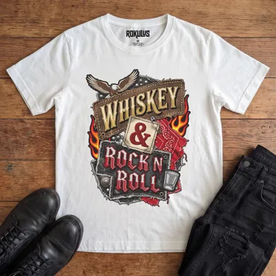White Rokulus Whiskey & Rock N Roll vintage graphic tee laid flat on wood with black boots and jeans, front print showing an embroidered biker-patch collage with a bald eagle, flames, red bandana, studs, and a shot glass around stitched “Whiskey & Rock N Roll” lettering