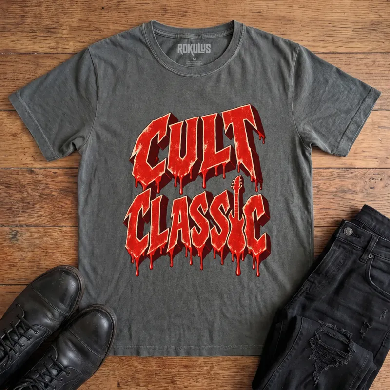 Washed charcoal Rokulus Cult Classic vintage graphic tee laid flat on wood with black boots and jeans, front print showing “Cult Classic” in dripping blood-red horror-movie lettering with a guitar silhouette forming the letter I