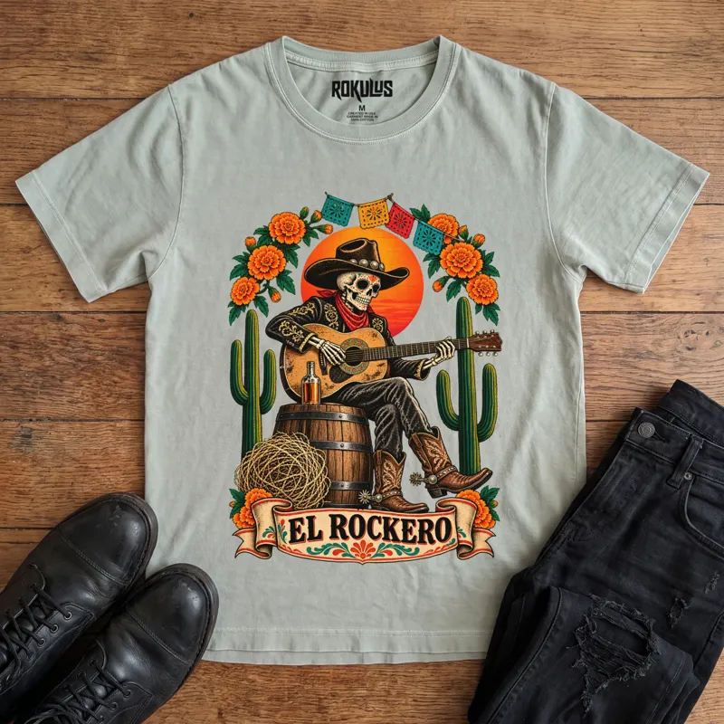 Washed thyme Rokulus El Rockero vintage graphic tee laid flat on wood with black boots and jeans, front print showing a Day of the Dead skeleton charro in a cowboy hat playing guitar on a barrel with marigolds, cactus, and papel picado above an “El Rockero” banner