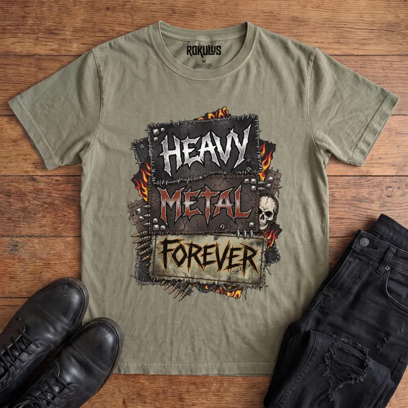 Washed olive Rokulus Heavy Metal Forever vintage graphic tee laid flat on wood with black boots and jeans, front print showing a battle-vest design with studs, flames, bullets, a skull, and chrome "Heavy Metal Forever" lettering across stitched patches