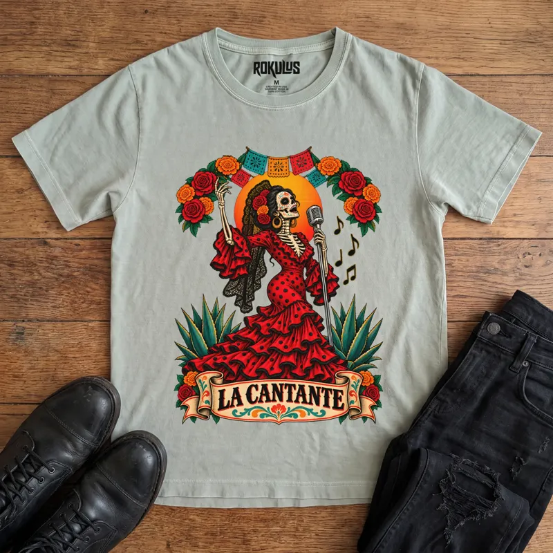 Washed thyme Rokulus La Cantante vintage graphic tee laid flat on wood with black boots and jeans, front print showing a Day of the Dead skeleton woman in a red flamenco dress singing into a microphone with roses, marigolds, and papel picado above a “La Cantante” banner