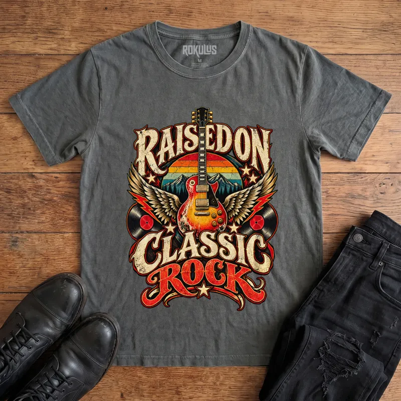 Washed charcoal Rokulus Raised On Classic Rock vintage graphic tee laid flat on wood with black boots and jeans, front print showing a winged sunburst guitar over a retro sunset and mountains with vinyl records and stars under “Raised On Classic Rock” lettering