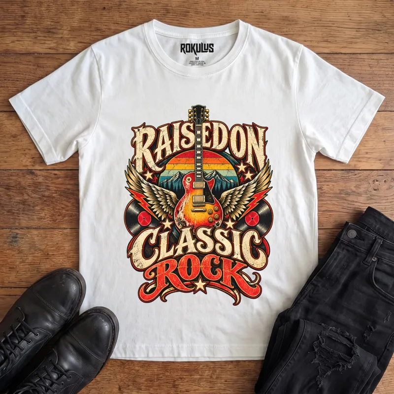 White Rokulus Raised On Classic Rock vintage graphic tee laid flat on wood with black boots and jeans, front print showing a winged sunburst guitar over a retro sunset and mountains with vinyl records and stars under “Raised On Classic Rock” lettering